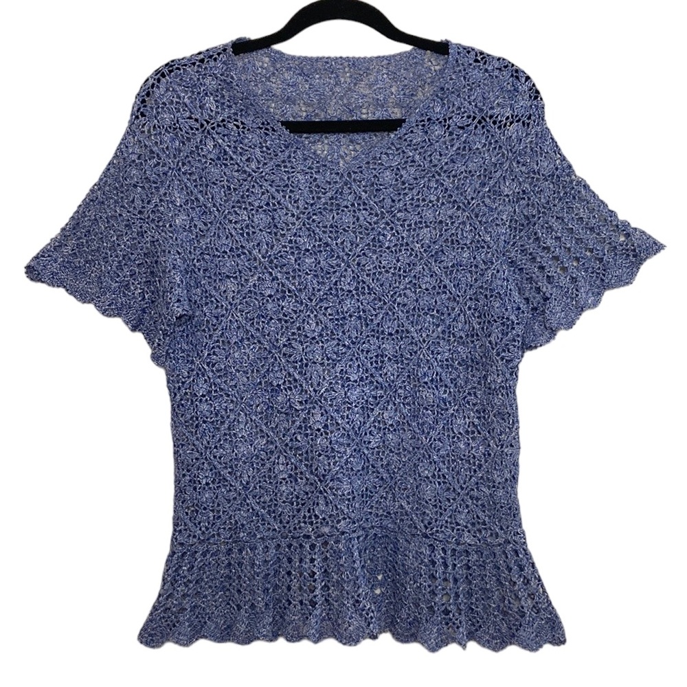 Handmade Top Womens Small Blue White Crochet Short Sleeve Diamond Lace Blouse